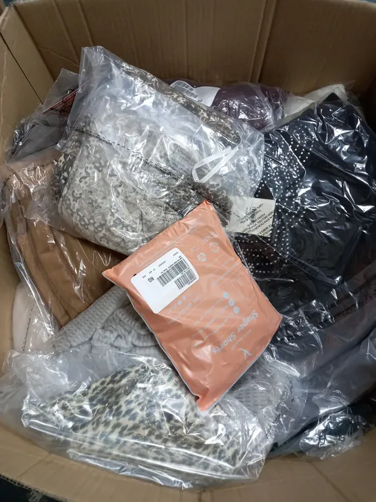 BOX OF ASSORTED CLOTHING ITEMS TOO INCLUDE TOPS , JUMPERS, AND PANTS ETC. 