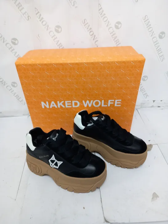 BOXED PAIR OF NAKED WOLFE WARRIOR BLACK RAISED TRAINERS UK 3 