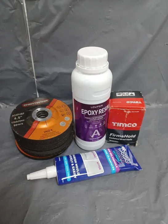 APPROXIMATELY 20 ASSORTED PRODUCTS TO INCLUDE LOVFEN HIGH PERFORMANCE EPOXY RESIN, TIMCO FIRMAHOLD COLLATED BRAD NAILS, MOULD MAGIC EXTREME