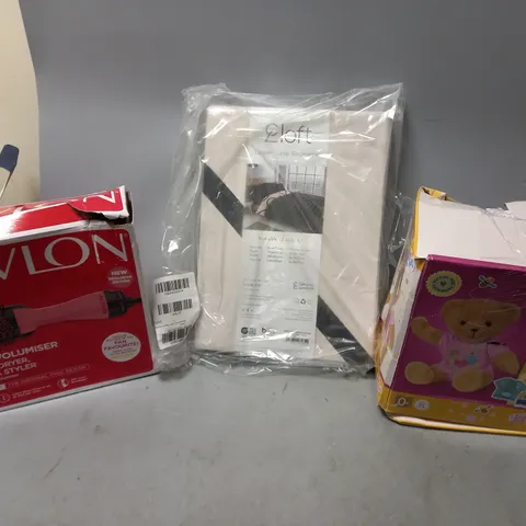 5 ASSORTED HOUSEHOLD GOODS TO INCLUDE BABY BORN TEDDY, REVLON HAIR DRYER AND VOLUMISER, AND 2LOFT DOUBLE DUVET SET ETC. 