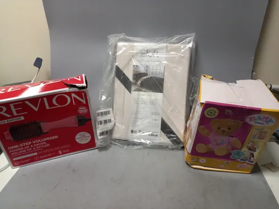 5 ASSORTED HOUSEHOLD GOODS TO INCLUDE BABY BORN TEDDY, REVLON HAIR DRYER AND VOLUMISER, AND 2LOFT DOUBLE DUVET SET ETC. 