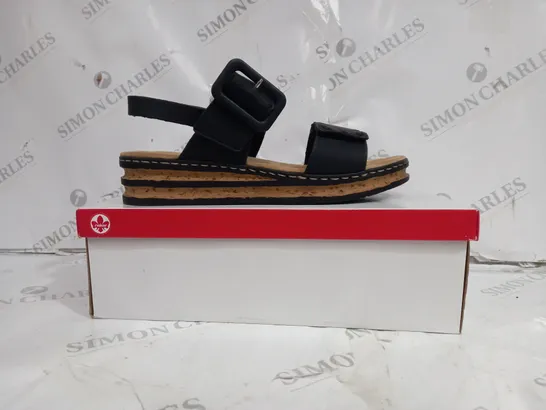 BOXED PAIR OF RIEKER WEDGE SANDALS BLACK IN SIZE 8