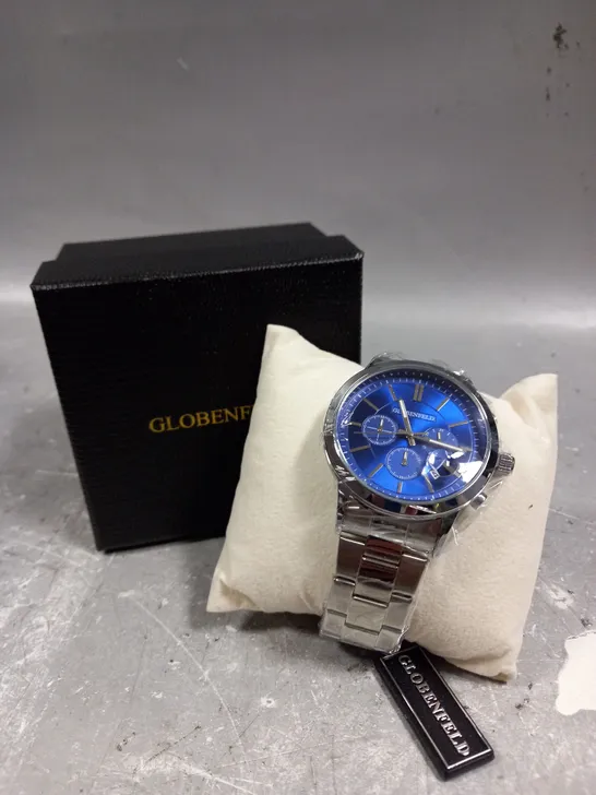 GLOBENFELD MARKSMAN SILVER BLUE DIAL STAINLESS STEEL CASE WATCH 