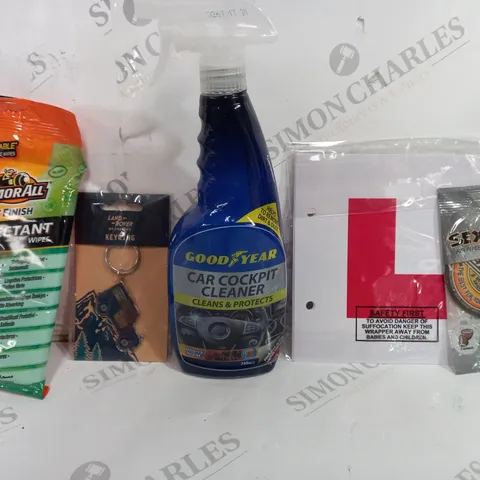BOX OF APPROXIMATELY 15 ASSORTED ITEMS TO INCLUDE - ARMORALL MATT FINISH PROTECTANT WIPES - L PLATES - CAR COCKPIT CLEANER ECT