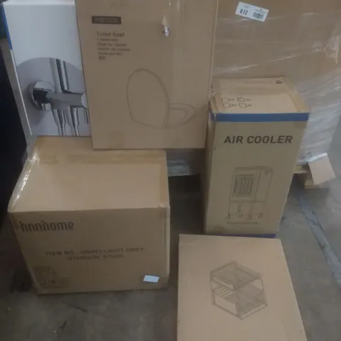 PALLET OF ASSORTED ITEMS INCLUDING GREY STORAGE STOOL, AIR COOLER, TOILET SEAT, RAIN SHOWER SYSTEM