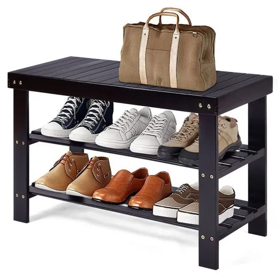 BOXED COSTWAY 3 TIER BAMBOO SHOE RACK BENCH STORAGE SHELF ORGANIZER ENTRYWAY HOME - BLACK