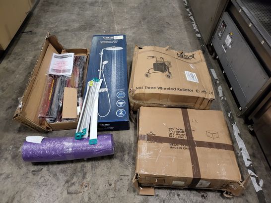 PALLET OF A LARGE NUMBER OF ASSORTED ITEMS TO INCLUDE NRS 3 WHEEL ROLLATOR, GROHE EUPHORIA SYSTEM SMART CONTROL SHOWER SET AND PUPLE ROLLED YOGA MAT