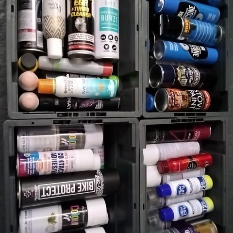 4 CRATES OF ASSORTED AEROSOLS TO INCLUDE MUC-OFF BIKE WASH, COLOR IT SPRAY PAINT AND SILICONE LUBRICANT SPRAY