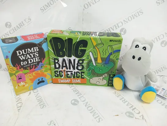 THREE ASSORTED PRODUCTS TO INCLUDE; SUPER MARIO SOFT TOY, BIG BANG SCIENCE AND DUMB WAYS TO DIE