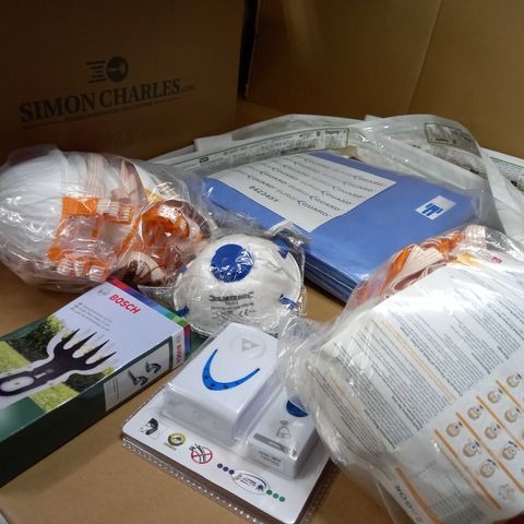 BOX OF APPROX 15 ASSORTED HOUSEHOLD ITEMS TO INCLUDE: FACE MASKS, WIRELESS DOOR BELL, BOSH SHEAR BLADES