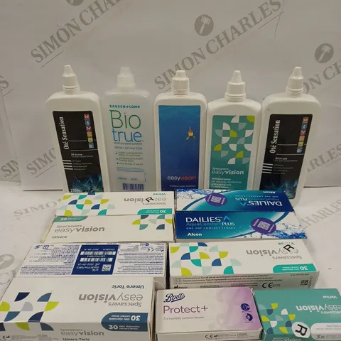 BOX TO CONTAIN APPROX. 22 X ASSORTED VISION CARE PRODUCTS. INCLUDES CONTACT LENSES AND CLEANING SOLUTION - COLLECTION ONLY