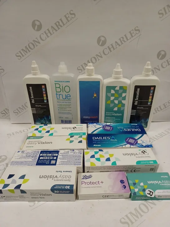 BOX TO CONTAIN APPROX. 22 X ASSORTED VISION CARE PRODUCTS. INCLUDES CONTACT LENSES AND CLEANING SOLUTION - COLLECTION ONLY