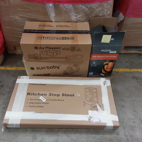 PALLET OF ASSORTED ITEMS INCLUDING: ASH VACUUM, KID'S JEEP TOY, KITCHEN STEP STOOL, BABY PLAYPEN