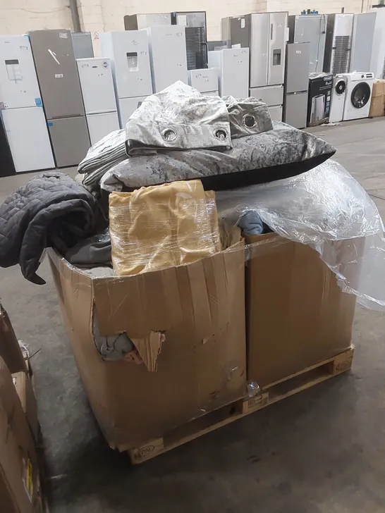 PALLET OF ASSORTED TEXTILE PRODUCTS INCLUDING CLOTHES, PILLOW, CURTAIN ETC