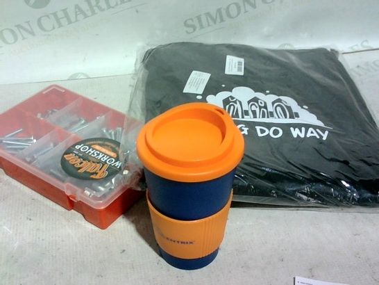 LOT OF APPROX. 20 ASSORTED ITEMS TO INCLUDE: BBQ COVER, HOT DRINK BOTTLE/CUP, BOLT BOX