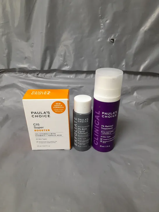 LOT OF 3 PAULA'S CHOICE SKIN CARE PRODUCTS TO INCLUDE 1% RETINOL TREATMENT 30ML, LIQUID EXFOLIANT 30ML AND C15 SUPER BOOSTER 20ML