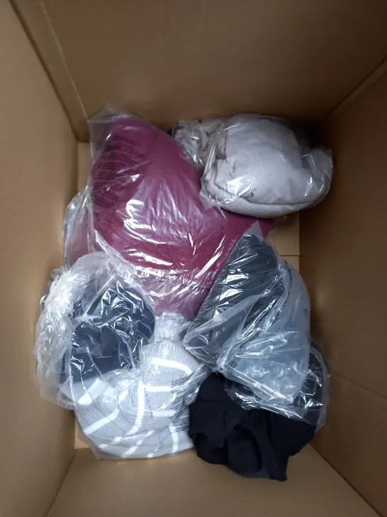 BOX OF APPROXIMATELY 10 ASSORTED CLOTHING ITEMS TO INCLUDE LOUNGE SET, CARDIGAN, TROUSERS ETC