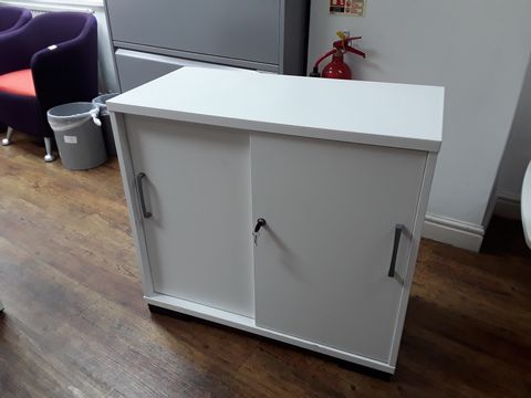 WHITE WOODEN LOCKABLE OFFICE STORAGE CABINET WITH SLIDING DOORS 