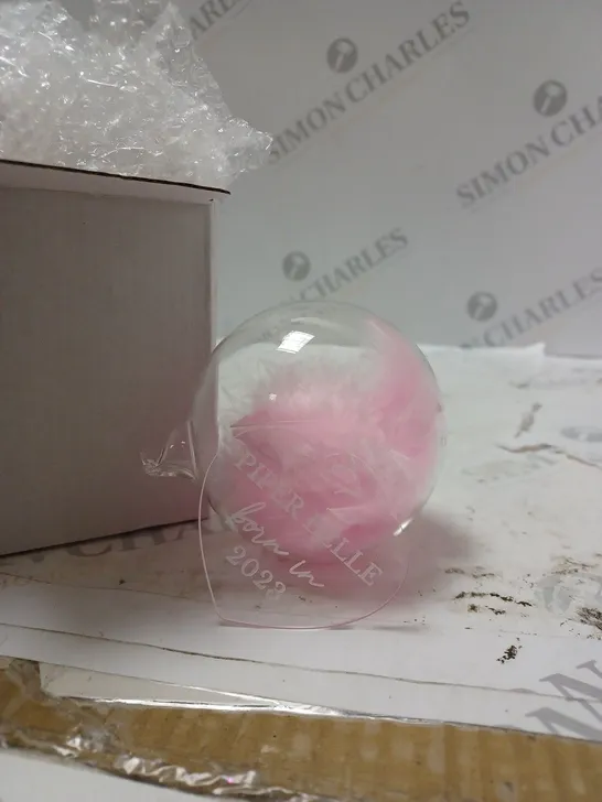 GLASS BAUBLE WITH PINK FEATHERS AND PERSONALISED TAG