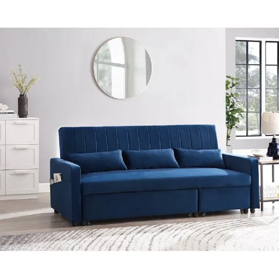 KRISHEENA 200CM BLUE VELVET SOFA BED (2 BOXES)