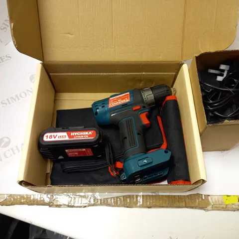 BOXED HYCHIKA CORDLESS DRILL DRIVER KIT WITH CHARGER, BATTERY, SOFT CARRY CASE, ACCESSSORIES AND INSTRUCTIONS