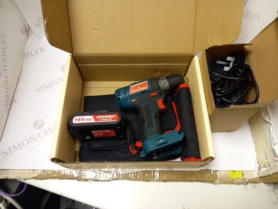 BOXED HYCHIKA CORDLESS DRILL DRIVER KIT WITH CHARGER, BATTERY, SOFT CARRY CASE, ACCESSSORIES AND INSTRUCTIONS