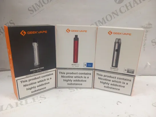 3 ASSORTED GEEKVAPE PRODUCTS TO INCLUDE; WENAX S-C, WENAX H1 AND GEEKVAPE 1