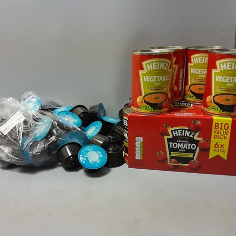 LOT OF ASSORTED FOOD ITEMS TO INCLUDE HEINZ SOUP AND COFFEE PODS