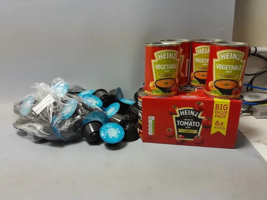 LOT OF ASSORTED FOOD ITEMS TO INCLUDE HEINZ SOUP AND COFFEE PODS