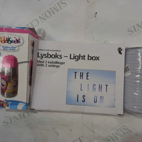 BOX OF APPROXIMATELY 10 ASSORTED HOUSEHOLD ITEMS TO INCLUDE LYSBOKS LIGHT BOX, ODDBODS STAINLESS STEEL WATER BOTTLE, ETC