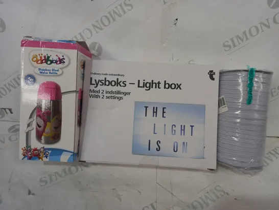 BOX OF APPROXIMATELY 10 ASSORTED HOUSEHOLD ITEMS TO INCLUDE LYSBOKS LIGHT BOX, ODDBODS STAINLESS STEEL WATER BOTTLE, ETC