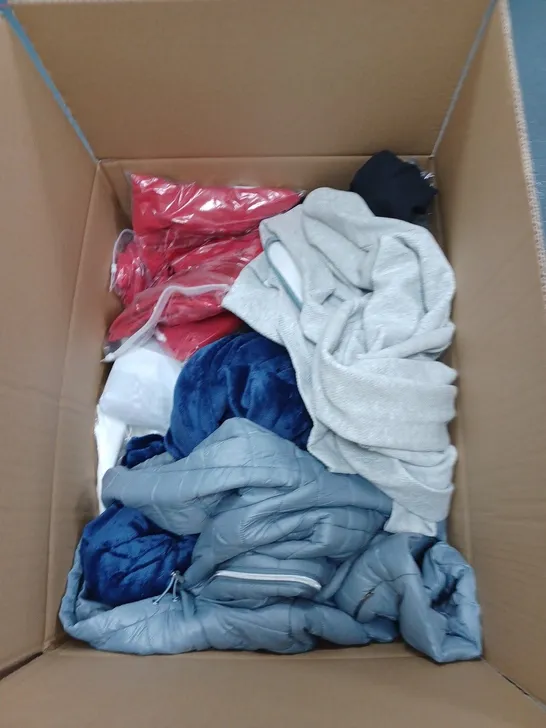 BOX OF ASSORTED CLOTHING ITEMS TO INCLUDE BRAS, UNDERWEAR, JUMPERS ETC 