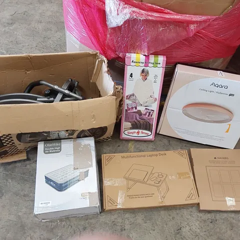 PALLET OF ASSORTED ITEMS INCLUDING: EXERCISE BIKE, CEILING LIGHT, AIR MATTRESS, MULTIFUNCTIONAL LAPTOP DESK, KNITTING LOOM, PICTURE FRAME