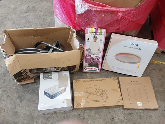 PALLET OF ASSORTED ITEMS INCLUDING: EXERCISE BIKE, CEILING LIGHT, AIR MATTRESS, MULTIFUNCTIONAL LAPTOP DESK, KNITTING LOOM, PICTURE FRAME