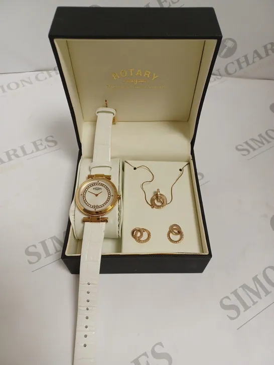 BOXED ROTARY LADIES WHITE & ROSE GOLD DIAL WATCH WITH NECKLACE AND EARRINGS - ROSE GOLD