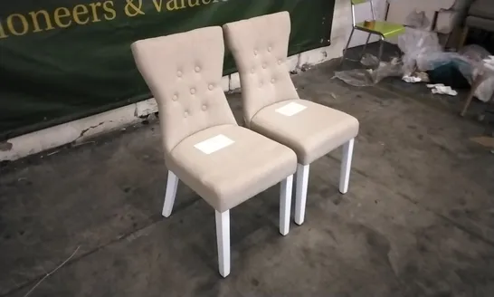 PAIR OF BEWLEY OATMEAL FABRIC BUTTON BACK DINING CHAIRS WITH WHITE LEGS