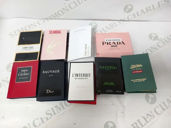 LARGE QUANTITY OF ASSORTED FRAGRANCE SAMPLES AND TESTERS TO INCLUDE; PRADA, JEAN PAUL GAULTIER, VALENTINO AND CARTIER