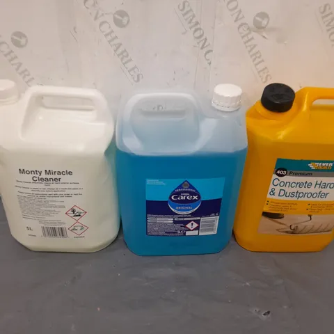 APPROXIMATELY 3 ASSORTED LIQUIDS MONTY MIRACLE CLEANER, CAREX AND CONCRETE HARDENER AND DUSTPROOFER - COLLECTION ONLY