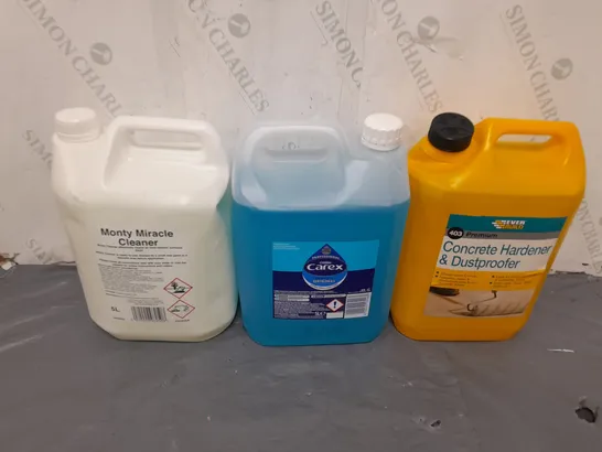 APPROXIMATELY 3 ASSORTED LIQUIDS MONTY MIRACLE CLEANER, CAREX AND CONCRETE HARDENER AND DUSTPROOFER - COLLECTION ONLY