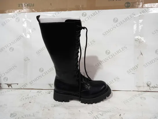 BOXED PAIR OF KOI VEGAN LEATHER KNEE HIGH BOOTS IN BLACK SIZE 6