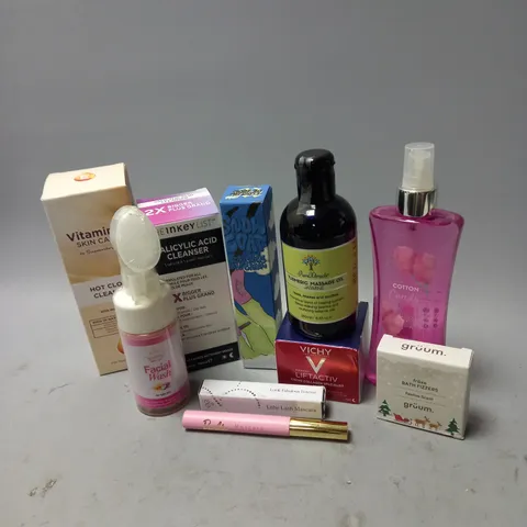 BOX OF APPROXIMATELY 20 COSMETIC ITEMS TO INCLUDE - THEINKEYLIST SALICYLIC ACID CLEANSER - BOD FANTASIES COTTON CANDY BODY SPRAY - MADE BY MITCHELL HAND CREAM - ETC 