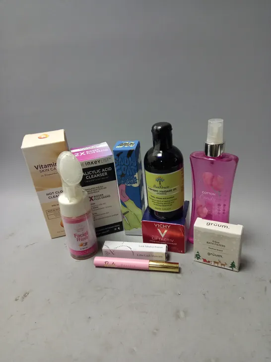 BOX OF APPROXIMATELY 20 COSMETIC ITEMS TO INCLUDE - THEINKEYLIST SALICYLIC ACID CLEANSER - BOD FANTASIES COTTON CANDY BODY SPRAY - MADE BY MITCHELL HAND CREAM - ETC 