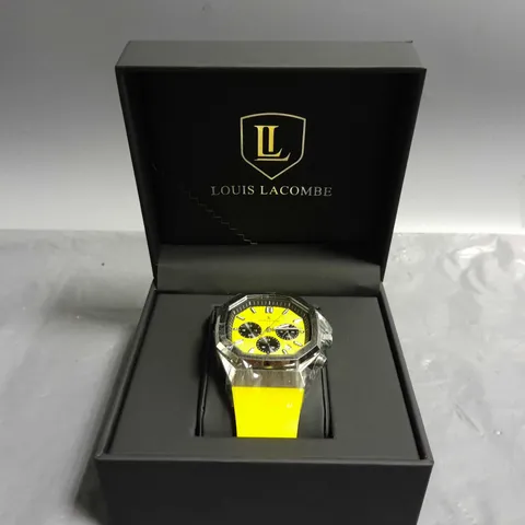 MENS LOUIS LACOMBE CHRONGRAPH WATCH – 3 SUB DIALS – SILVER COLOUR CASE – YELLOW RUBBER STRAP