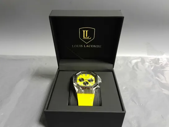 MENS LOUIS LACOMBE CHRONGRAPH WATCH – 3 SUB DIALS – SILVER COLOUR CASE – YELLOW RUBBER STRAP