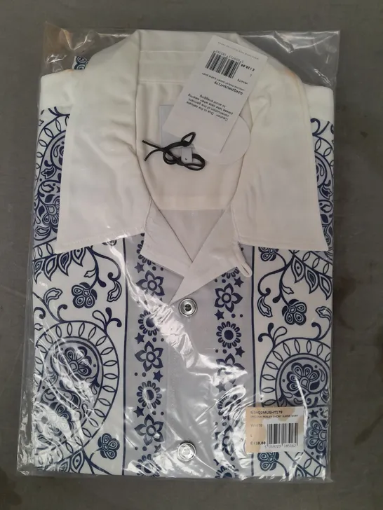 PRETTY GREEN LAGUNA PAISLEY SHORT SLEEVE SHIRT IN WHITE/BLUE SIZE LARGE