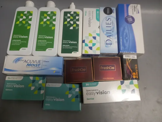 LOT OF ASSORTED EYE CARE ITEMS TO INCLUDE FRESHGO, ACUVUE AND BAUSCH & LOMB