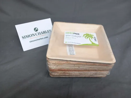 APPROXIMATELY 100 ENVIRO PACK 18 X 18CM SQUARE QUADRA PALM LEAF PLATES