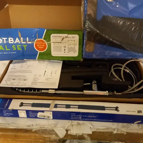 BOX OF APPROXIMATELY 10 HOUSEHOLD ITEMS TO INCLUDE KITCHEN FAUCET, FOOTBALL GOAL SET, EXERCISE EQUIPMENT, ETC