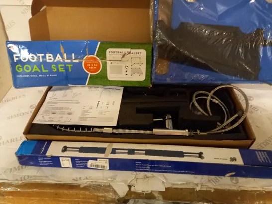 BOX OF APPROXIMATELY 10 HOUSEHOLD ITEMS TO INCLUDE KITCHEN FAUCET, FOOTBALL GOAL SET, EXERCISE EQUIPMENT, ETC