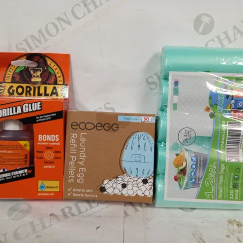 LOT OF APPROXIMATELY 10 ASSORTED HOUSEHOLD ITEMS TO INCLUDE BIN LINERS, LAUNDRY EGG REFILL PELLETS, GORILLA GLUE, ETC